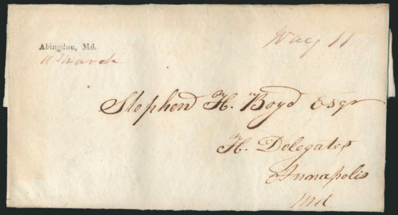 Abingdon, Md. 11 March.> Neat strike of small straightline handstamp with date in ms., matching <Way 11> on 1836 folded letter to Annapolis Md., Very Fine, a pretty cover