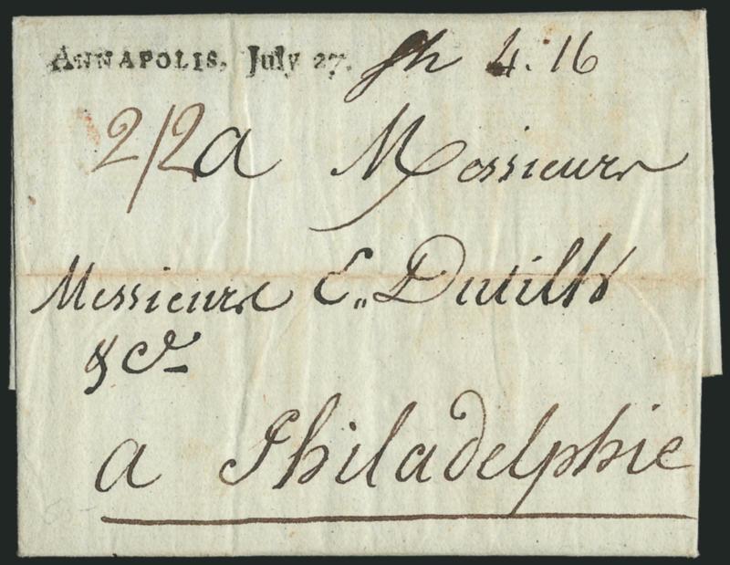 Annapolis, July 27.> Bold strike of straightline datestamp with ms. Sh 4.16 dwt ship-letter rate on 1789 folded letter from France to Philadelphia, letter datelined <ordeaux le 20 May 1789>>, horizontal file
fold, Very Fine strike, scarce early