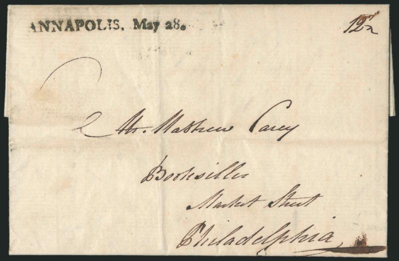 ANNAPOLIS, May 28.> Well-struck straightline datestamp with ms. 12-12 rate on 1797 folded letter to Philadelphia, light file folds, Very Fine strike, ex Lounsbery