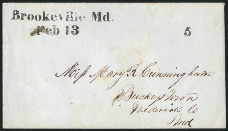 Maryland Stampless Covers.> 11, incl. straightline from Brookeville, three from Easton incl. one oval, Fredericktown (2, one in red), Georgetown, red Sandy Spring double-circle datestamp, three from
Williamsport with one in red, Very Fine and choice