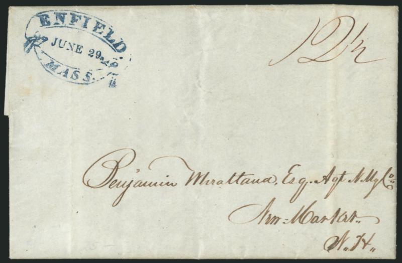 Enfield Mass., June 29.> Well-struck ribbon-style postmark with ms. 12-12 rate on 1836 folded letter to New Market N.H., faint vertical file folds, Extremely Fine strike, a beautiful cover