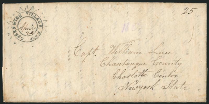 Greenwich Village Mass. April 29.> Clear strike of fancy saw-tooth datestamp with date in ms., matching 25 rate on 1837 folded letter to Charlotte Center N.Y., Very Fine strike of this distinctive and scarce
marking, this is one of the best strikes