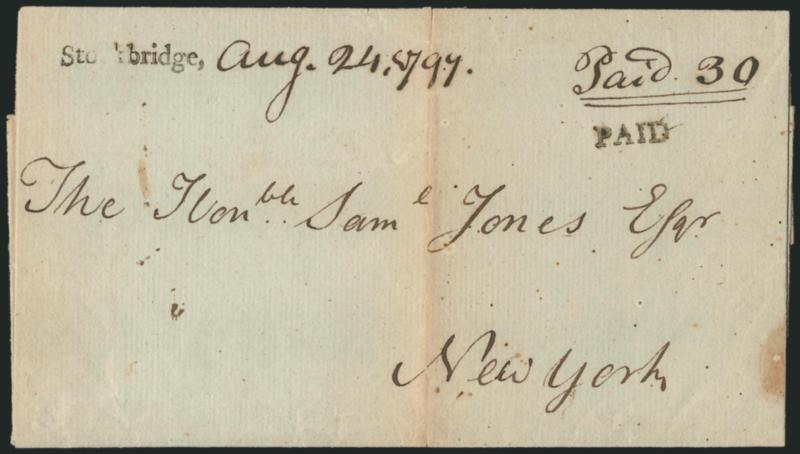 Stockbridge, Aug. 24, 1797.> Neat strike of straightline handstamp with date in ms., matching Paid handstamp and ms. Paid 30 on 1797 folded cover to New York, vertical file fold ends in small split at top,
Very Fine, scarce marking