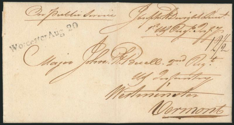 Worcester Straightline.> Two folded letters each with dated straightline handstamp, first from 1794 to Charlestown, second dated 1800 to a member of the U.S. infantry in Westminster Vt. and endorsed <<on
public service>> and with contents describin