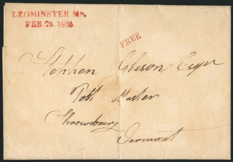 Massachusetts Straightline Handstamps.> Nine, incl. three from Boston (1791, 1792 and 1800 with Ship handstamp inbound from Liverpool), 1835 Leominster, 1821 Lynn, 1831 North Reading, 1829 Oxford, 1829 Taunton
and 1829 Uxbridge, all are notable for