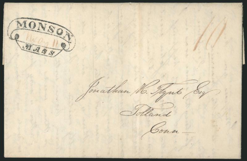 Massachusetts Stampless Covers.> 15, incl. large blue Bernardston double-circle datestamp, 1851 blue octagonal Blackstone, three from Boston (two from 1801 and one from 1809 in red with stars), Brookline, two
with Charlestown serrated ovals, 1822 E.