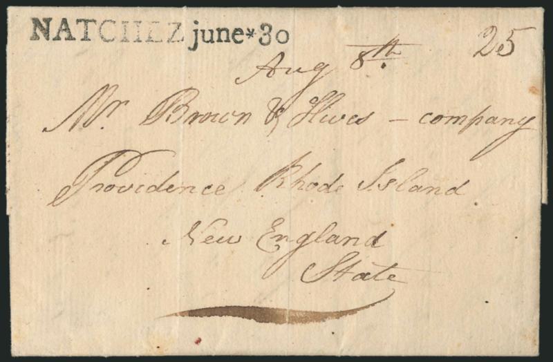 NATCHEZ june * 30.> Unusually clear strike of straightline datestamp with ms. 25 rate on 1807 folded letter to Providence R.I., datelined <<Washington, Mississippi Territory, June 14, 1807>>, light vertical
file folds, Very Fine strike and a scar