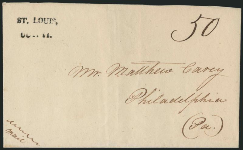 ST. LOUISOCT. 11.> Clear strike of two-line datestamp with ms. 50 rate on folded cover to Philadelphia, fresh and Very Fine example of this Missouri Territory marking