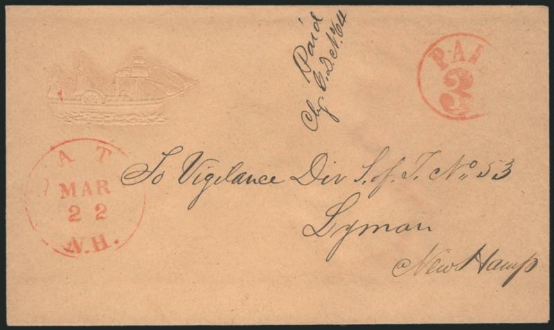 Bath N.H. Mar. 22.> Red circular datestamp with matching Paid 3 in circle handstamp on cover to Lyman N.H., with <embossed steamship design> at upper left, box charge no. at top center, Very Fine, a pretty
cover