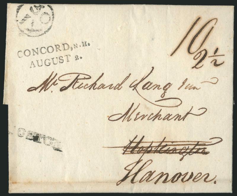 CONCORD, ^N.H.^ AUGUST ^2^.> Perfect strike of two-line datestamp <used as a forwarding marking> on 1800 folded letter originating in Boston, addressed to Hopkington and forwarded to Hanover N.H., also with
30IY (Jul. 30) Franklin mark and straig