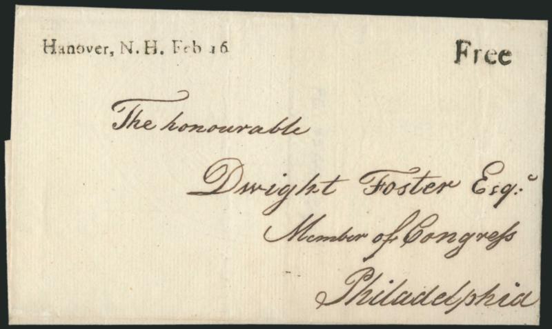 Hanover, N.H. Feb. 16.> Clearly-struck straightline datestamp with matching Free on 1799 folded cover to Dwight Foster as Member of Congress in Philadelphia, Extremely Fine, ex Siskin