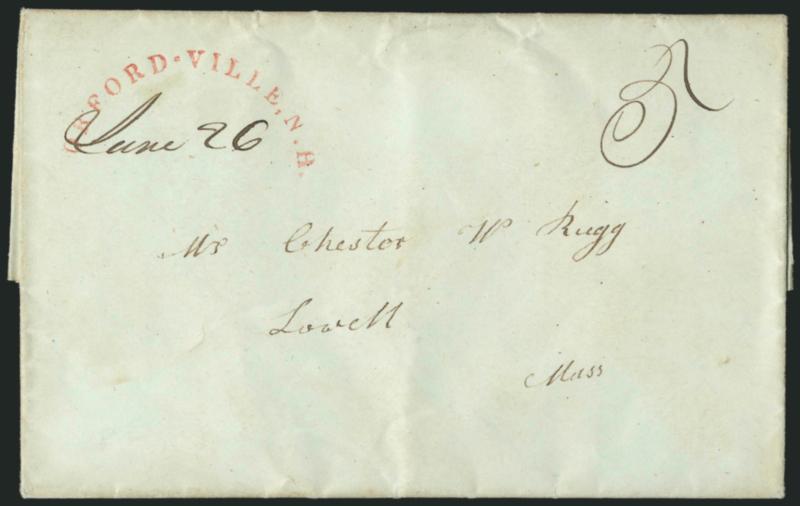 New Hampshire Stampless Covers.> Seven, incl. straightlines from Amherst, Bradford (1838 and 1850), fancy Exeter from 1831, two from Hanover in blue and red, last is Orfordville arc (1846), selected for the
high quality of the cancels and are Very Fi