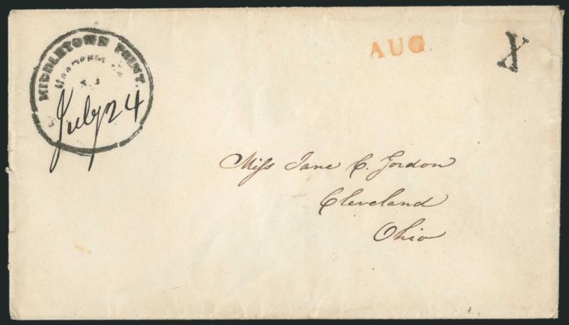 Middletown Point, Monmouth Co., N.J., July 24.> Large circular datestamp with date in ms. and X rate handstamp on cover to Cleveland O., orange-red AUG handstamp, trivial edgewear, Very Fine, possibly unique
usage at the 10c rate for distances ov