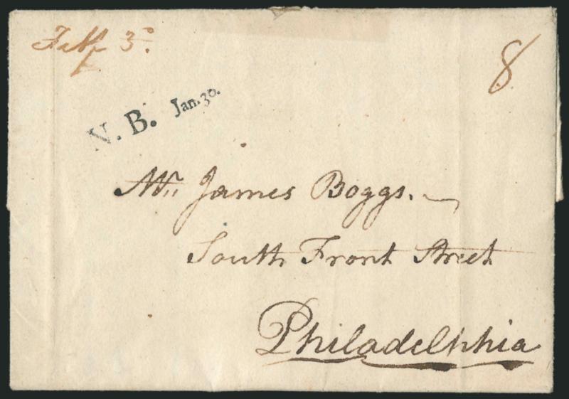 N.B. Jan. 30.> Well-struck New Brunswick straightline datestamp with ms. 8 rate on 1795 folded letter to Philadelphia from <Robert Morris> who was a famous financier of the Revolutionary War and signer of
Declaration of Independence, light vertical