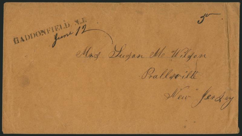 New Jersey Stampless Covers.> 13, incl. two Bridgetown ovals, Chanceville rimless oval, red Flemington oval, Haddonfield straightline, Lawrenceville straightline, Middletown Point, 1825 red Newark oval, 1804
and 1832 New Brunswick circular datestamps