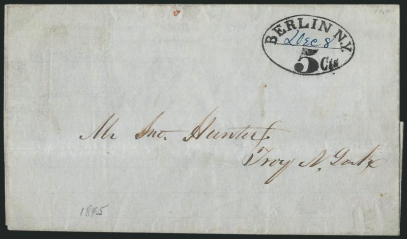 Berlin N.Y. 5 cts. Dec. 8.> Perfect bold strike of oval handstamp with ms. date on 1845 folded letter to Troy N.Y., Very Fine