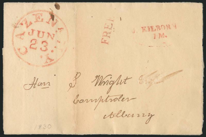 Cazena. N.Y. Jun. 23.> Well struck <red> circular datestamp with matching Free handstamp and <J. KilbornP.M. postmasters handstamp> on 1830 folded cover to Albany, edge splitting, otherwise Very Fine, the
listing example of this postmasters na