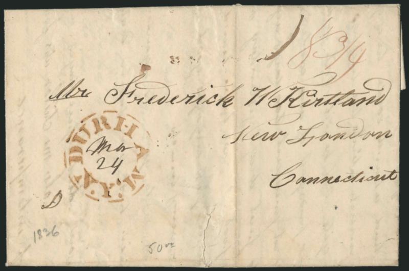 Durham N.Y. Mar. 24.> Brown <stencil> postmark with date in manuscript and 18-34 rate on folded letter to New London Conn. referencing heavy snow, impassable roads and two drinking deaths, file fold and small
sealed tear, Very Fine strike