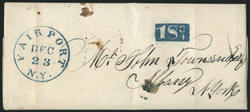 Fairport N.Y. Negative Rate Handstamps.> Three folded letters (1844-47), each with blue Fairport N.Y. circular datestamp and fancy negative rate handstamp, 18 34, 10 and 6 respectively, Very Fine group, ex
Mayer