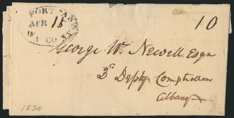 Fort -Ann Wa. Co. N.Y. Apr. 15.> Small oval handstamp with day in manuscript and 10 rate on 1834 folded letter to Albany, few minor tears, appears Fine, scarce county-named postmark
