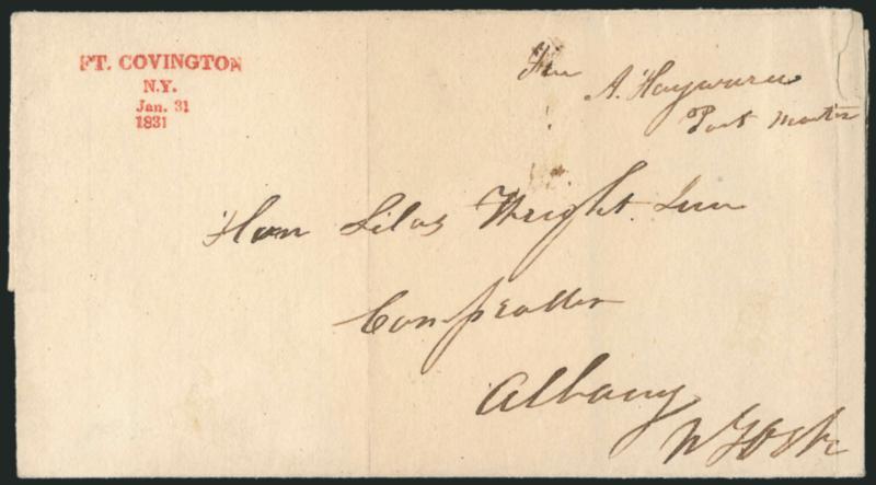 FT. COVINGTONN.Y.Jan. 31.1831.> Perfect strike of four-line datestamp in red on folded cover to Albany N.Y., light vertical file folds, Extremely Fine strike