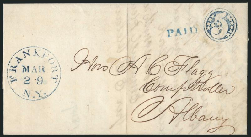 Frankfort N.Y. Mar. 29.> Neat strike of blue circular datestamp with matching Paid straightline and <fancy negative 5 in field of stars in circle> on 1847 folded letter to Albany, Extremely Fine, a fresh and
attractive cover