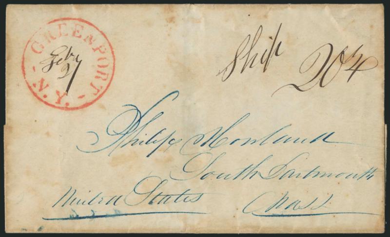 Green Port N.Y. Ship 20-34.> Red circular datestamp with ms. date and ship-letter rate on folded cover addressed in blue to So. Dartmouth Mass. United States, light toning, Very Fine, scarce inbound ship
marking