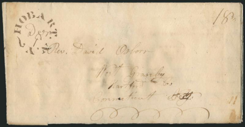 Hobart N.Y. Dec. 9.> Open fancy <stencil> postmark with ms. date and 18-34 rate on 1835 folded letter to West Granby Conn., some water staining, appears Fine