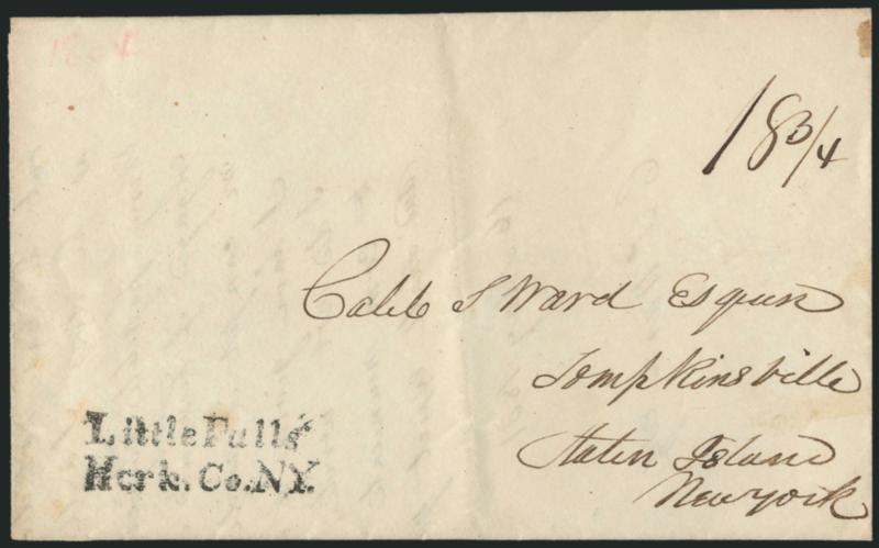 Little FallsHerk. Co. NY.> Two-line handstamp with ms. 18-34 rate on May 16, 1831 folded letter to Tompkinsville, Staten Island N.Y., Very Fine, scarce county-named postmark