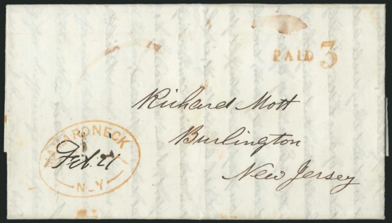 Mamaroneck N. Y.> Four covers, each with red double oval and manuscript dates, two Paid 3 handstamp and two ms. rates, Fine-Very Fine