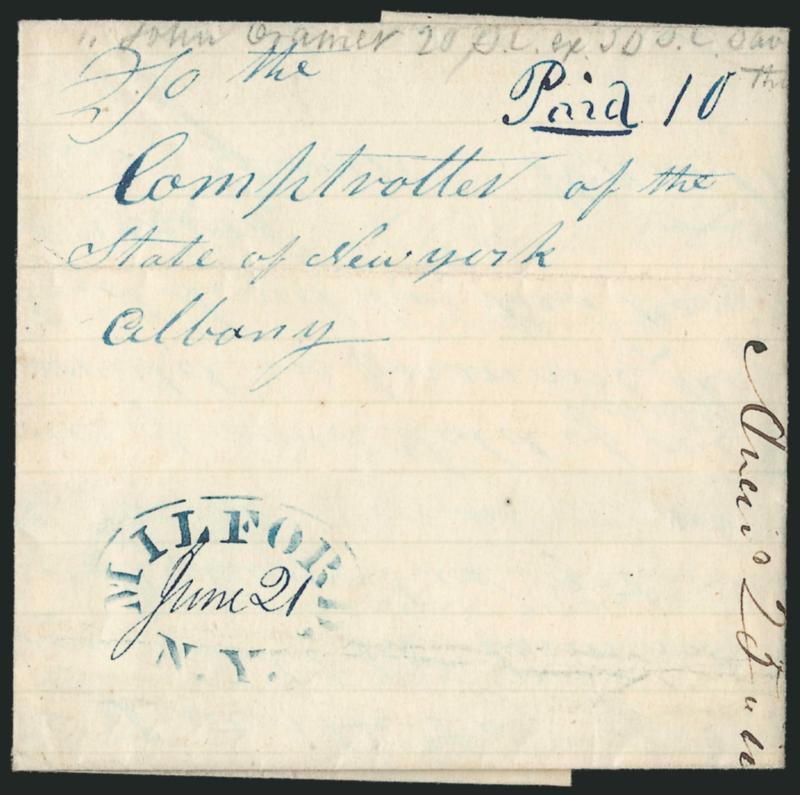 Milford N.Y. June 21.> Clear blue <stencil> postmark with date in manuscript, blue ms. Paid 10 on 1842 folded cover to Albany, Very Fine, ex Mayer