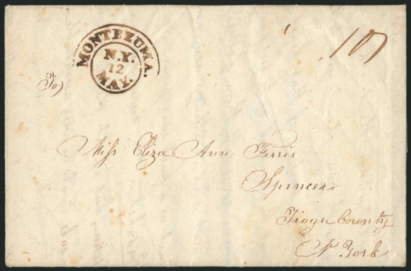 Montezuma N.Y. 12 May.> Bold strike of fancy <brown> arc and circle datestamp with ms. 10 rate on 1825 folded letter to Spencer N.Y., Very Fine, scarce marking