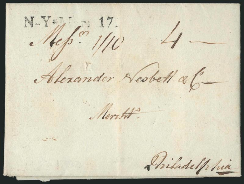 New York Straightlines.> Two folded letters from 1784-85, first with N-Y * Mar. 17 straightline to Philadelphia with 4 rate second with N. York Aug. straightline and Free handstamp to Norwich, Very
Fine