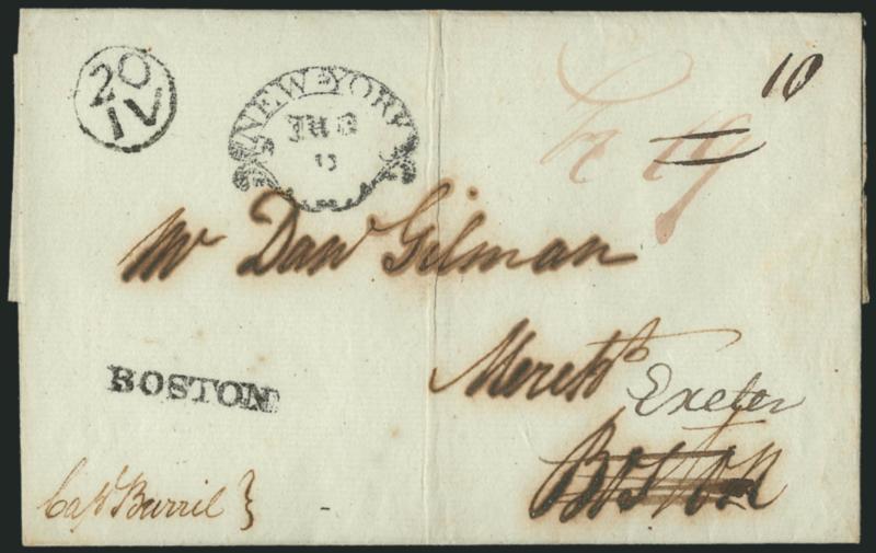 New-York Jun. 13.> Fancy clamshell handstamp on Sep. 13, 1798 folded cover to Boston, forwarded to Exeter, ^BOSTON^ straightline handstamp with matching 20IV Franklin mark, ms. Sh 19 ship-letter rate crossed
out and re-rated 10, file fold an