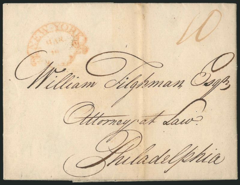 New York Clamshell.> Four covers struck with the fancy New York clamshell datestamp, two in red and two in black, 1798-99, incl. one dated Mar. 10 1798 identified by Calvet M. Hahn as the earliest known
example, Very Fine group, accompanied by an art