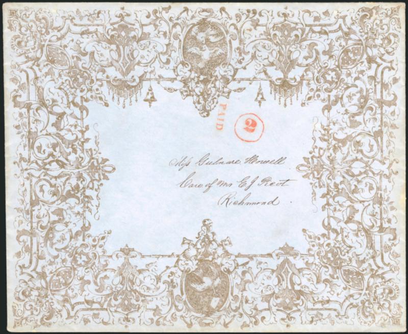 PAID AND 2.> Two clear strikes of handstamp with 2 in circle on large bronze <Valentine> to Richmond (Virginia, based on the name E. J. Picot in address), Extremely Fine, very unusual, also accompanied by
second item which is folded printed c