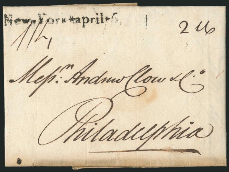 New York City Stampless Covers.> Twelve, incl. various straightlines from 1790 (2), 1791, 1793 (2), 1794 (2) and 1796, also four used between 1798 and 1803 with clear strikes of clamshell fancy datestamp (two
struck in red), selected by Dr. Johnson f