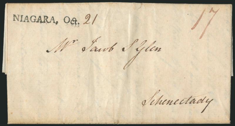 NIAGARA, Oct. 21.> Well-struck straightline datestamp with day in ms. on 1802 folded letter to Schenectady N.Y., ms. 17 rate, fresh and Extremely Fine, ex Jarrett