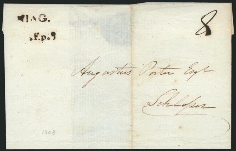 NIAG.SEp.3.> Two-line datestamp and ms. 8 rate on folded cover to Augustus Porter at Schlosser, 1808 receipt docketing, portion of backflap missing and slightly toned file fold, otherwise Very Fine, Niagara
Falls was originally known as Schlosse