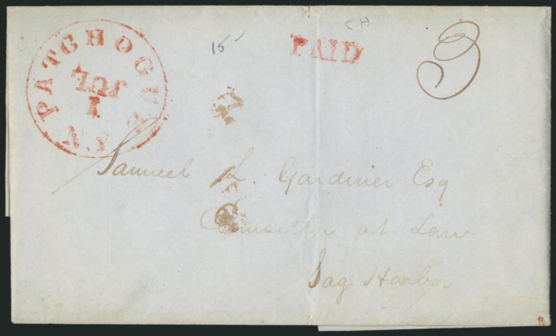 Patchogue N.Y. 1 Jul.> Red circular datestamp with <inverted date,> matching Paid handstamp and ms. 3 on 1851 folded cover to Sag Harbor N.Y., couple inconsequential nicks, Very Fine <first day> of the 1851
reduced postage rate
