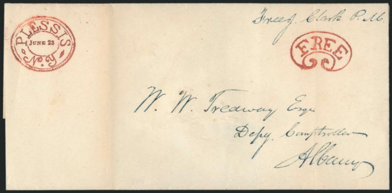 Plesis N.Y. June 23.> Perfect strike of fancy postmark with matching Free in ribbon handstamp on 1841 folded cover to Albany N.Y., light vertical file folds well clear of markings, Extremely Fine strikes, a
beautiful cover, ex Jarrett