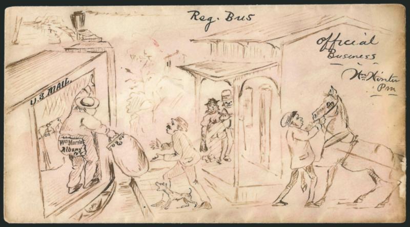 Rondout N.Y. Jun. 23.> Double-circle datestamp on reverse of cover with <all-over pen & ink drawing of U.S. Mail Car> with worker handing over mail bag, addressed to <<Wm. Morris, Albany N.Y>> which is written
on the workers rear end, ms. <<Reg.