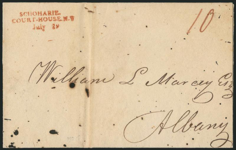 Schoharie C.H. N.Y.> Four stampless covers, incl. two similar straightline markings used in 1831 and 1832, also 1817 cover with large red rimless datestamp, 1825 three-line handstamp struck in red, Extremely
Fine strikes, a great group