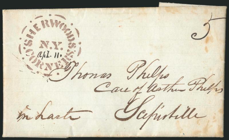Sherwoods Corners N.Y. Apl. 11.> Perfectly applied brown <stencil> town marking with circle of dots and dashes, date in ms. on 1846 folded letter, ms. 5 rate, few light age spots well away from marking,
Extremely Fine strike of this desirable marki