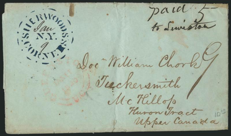Sherwoods Corners N.Y. Jan. 9.> Blue <stencil> postmark with date in manuscript and Paid 5 on green 1849 folded letter <to Huron Tract, Upper Canada,> light Queenston U.C. Jan. 11 1849 transit datestamp,
Hamilton receiving datestamp on back, some