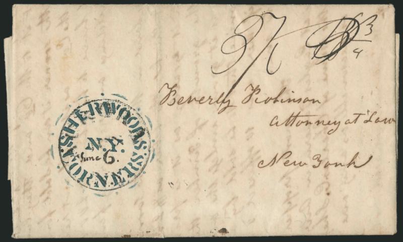 Sherwoods Corners N.Y. June 6.> Blue <stencil> postmark with date in manuscript <superimposed over Aurora N.Y. Jun. 6 circular datestamp,> on 1844 folded letter datelined Sherwoods Corners to New York, ms.
18-34 rate crossed out and re-rated 37