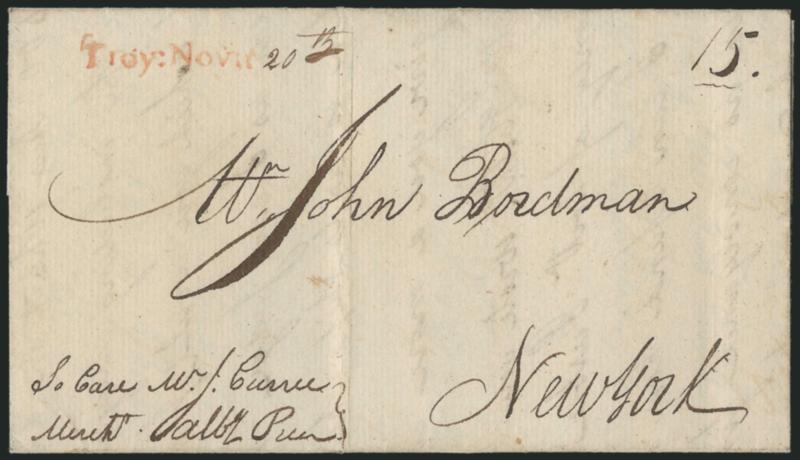 Troy: Novr. 20th.> Clear strike of red straightline datestamp with day in ms. on 1797 folded letter to New York, ms. 15 rate, light vertical file fold, Extremely Fine strike, scarce marking, unlisted in
ASCC