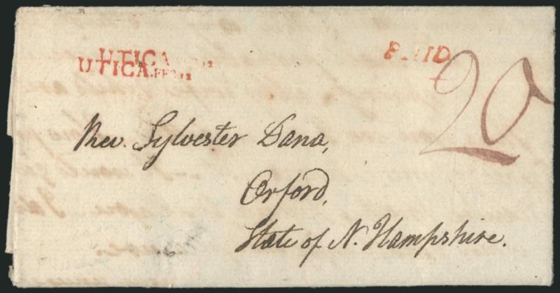 UTICA, FEB. 12.> Bold straightline datestamp struck twice with matching Paid handstamp and ms. 20 rate on 1802 folded letter datelined <<Paris Feb. 8th 1802>> to Orford N.H., small hole at lower left and minor
overall soiling, Very Fine, unusua