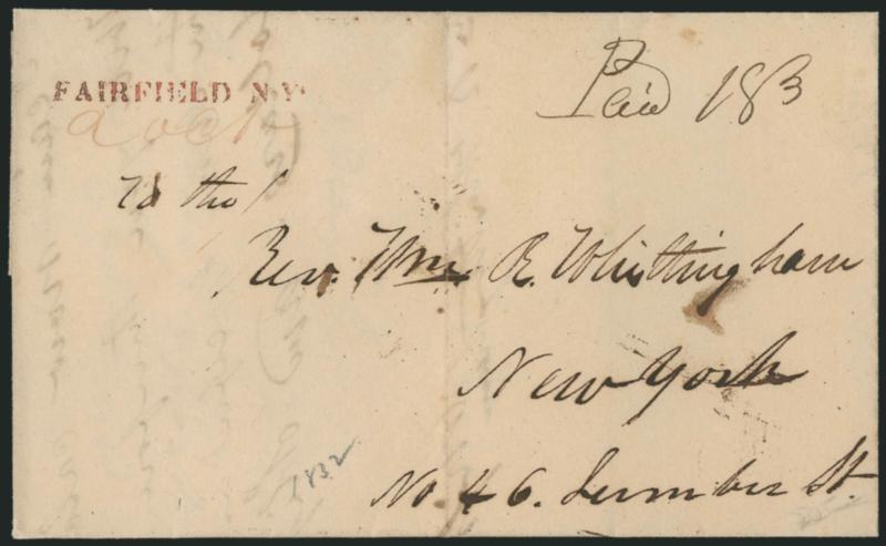 New York Straightline Handstamps.> 15, incl. three from Albany (all from 1794), 1804 red B. Springs, 1838 Delta, 1839 Elizabethtown, 1832 red Fairfield, 1831 Portageville, 1801 Schenectady, 1823 Seneca Falls,
1845 Siloam, 1854 Sloatsburg, Stapleton