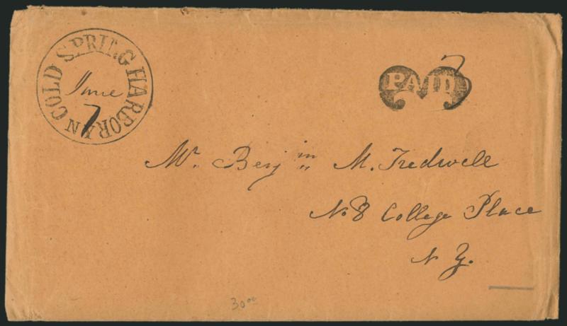 Long Island N.Y. Stampless Covers.> Five covers, each with a different town circular datestamp and Paid marking, incl. fancy sideways numeral 3 with negative Paid and additional ms. 3, two Paid 3 in circle,
Paid straightline with ms. 5,